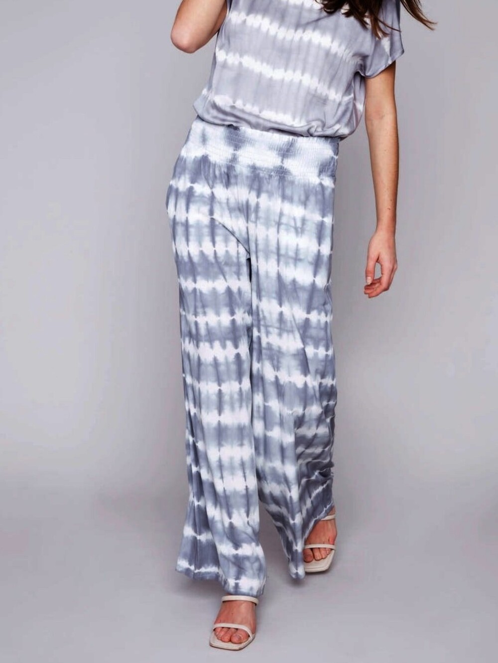CHARLIE B Grey Smocked Waist Palazzo Pants Gradient Tie Dye Womens Size Large